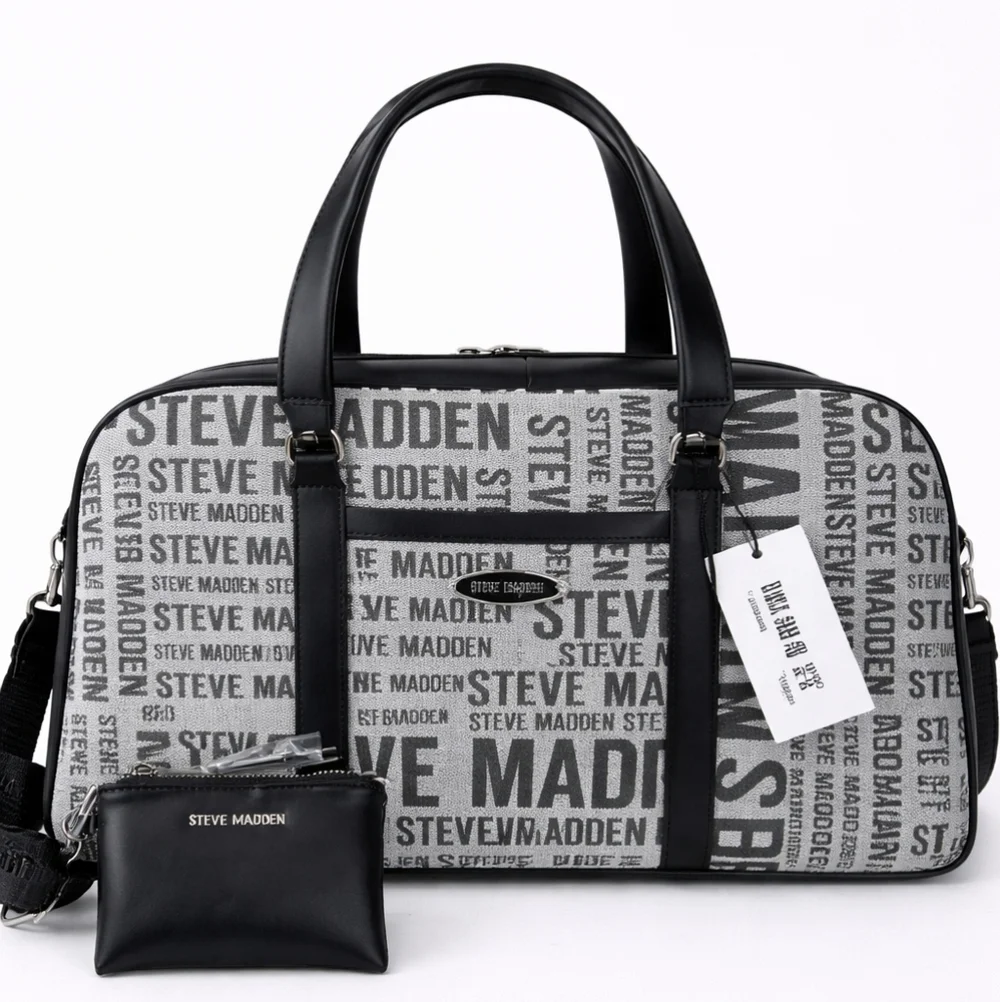 🆕️Steve Madden Baramina Weekender Duffle Bag Black White Travel Tote + Pouch